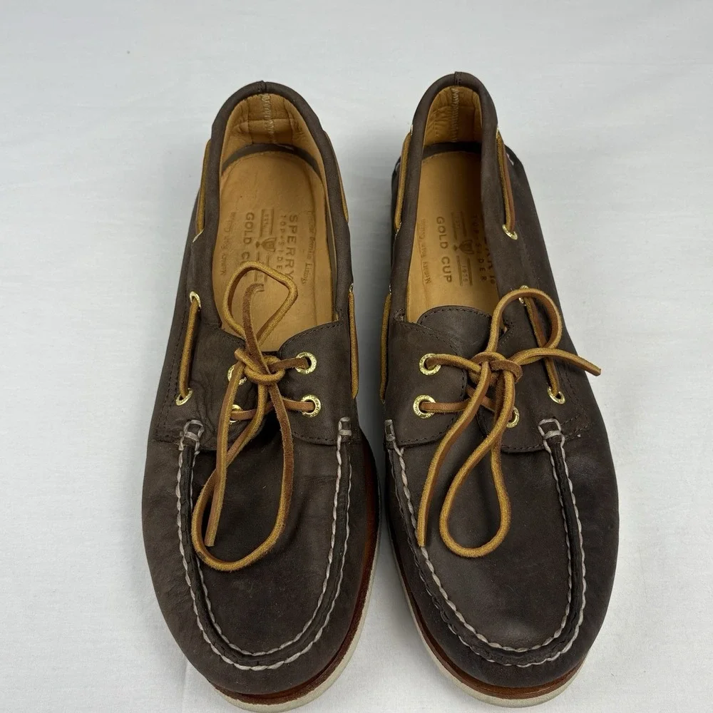 Sperry Gold Cup Brown Leather Boat Shoes 10.5M DeerSkin Lined Memory Foam EUC